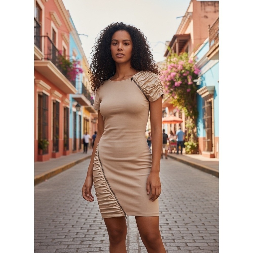 BCBG Max Azria Bodycon Mini Dress Womens XXS Tan Metallic Ruched Moto Stretch